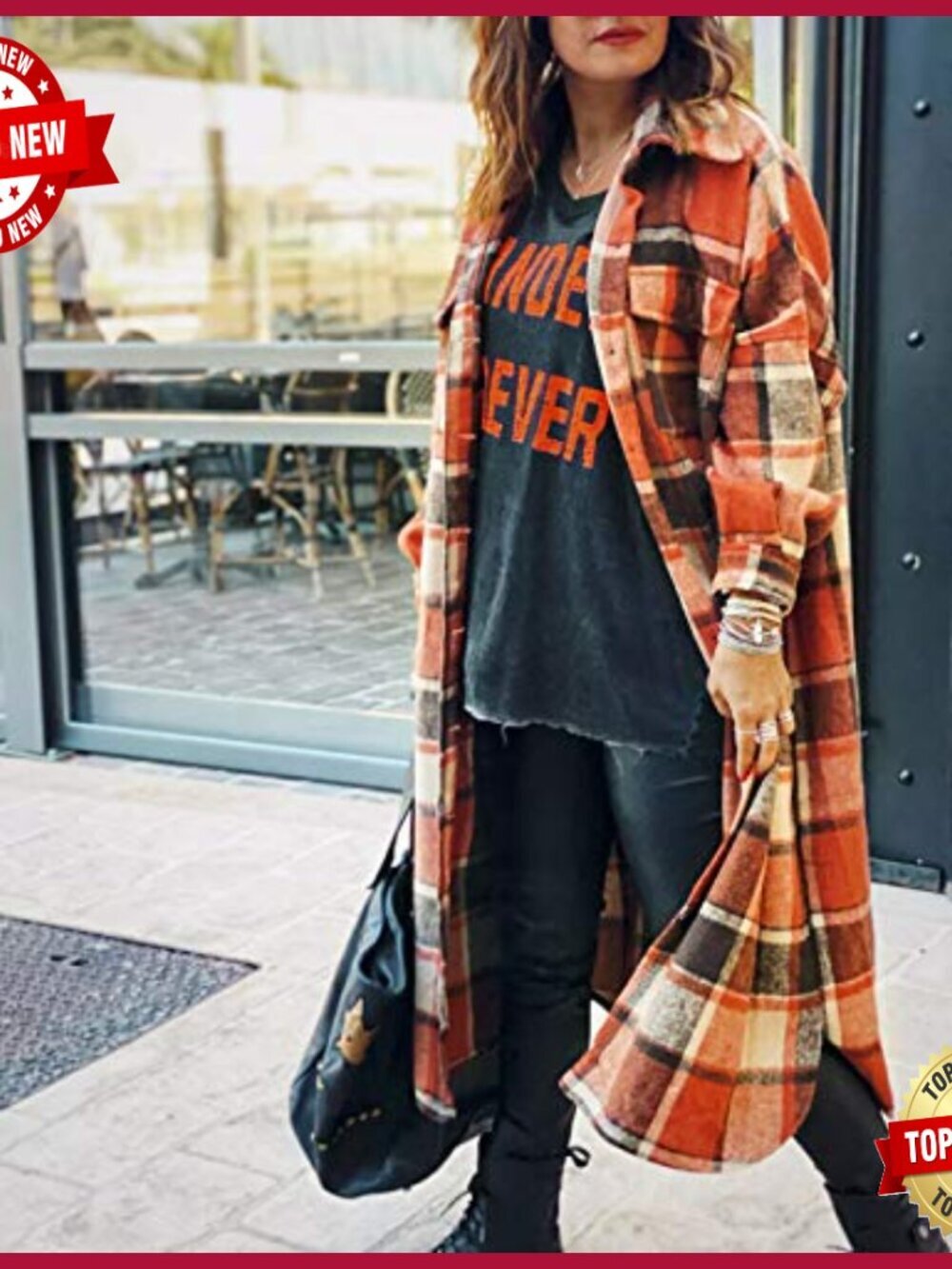 Plaid Button Down Long Jacket Fall Flannel Trench Coat Women - Picture 5 of 7